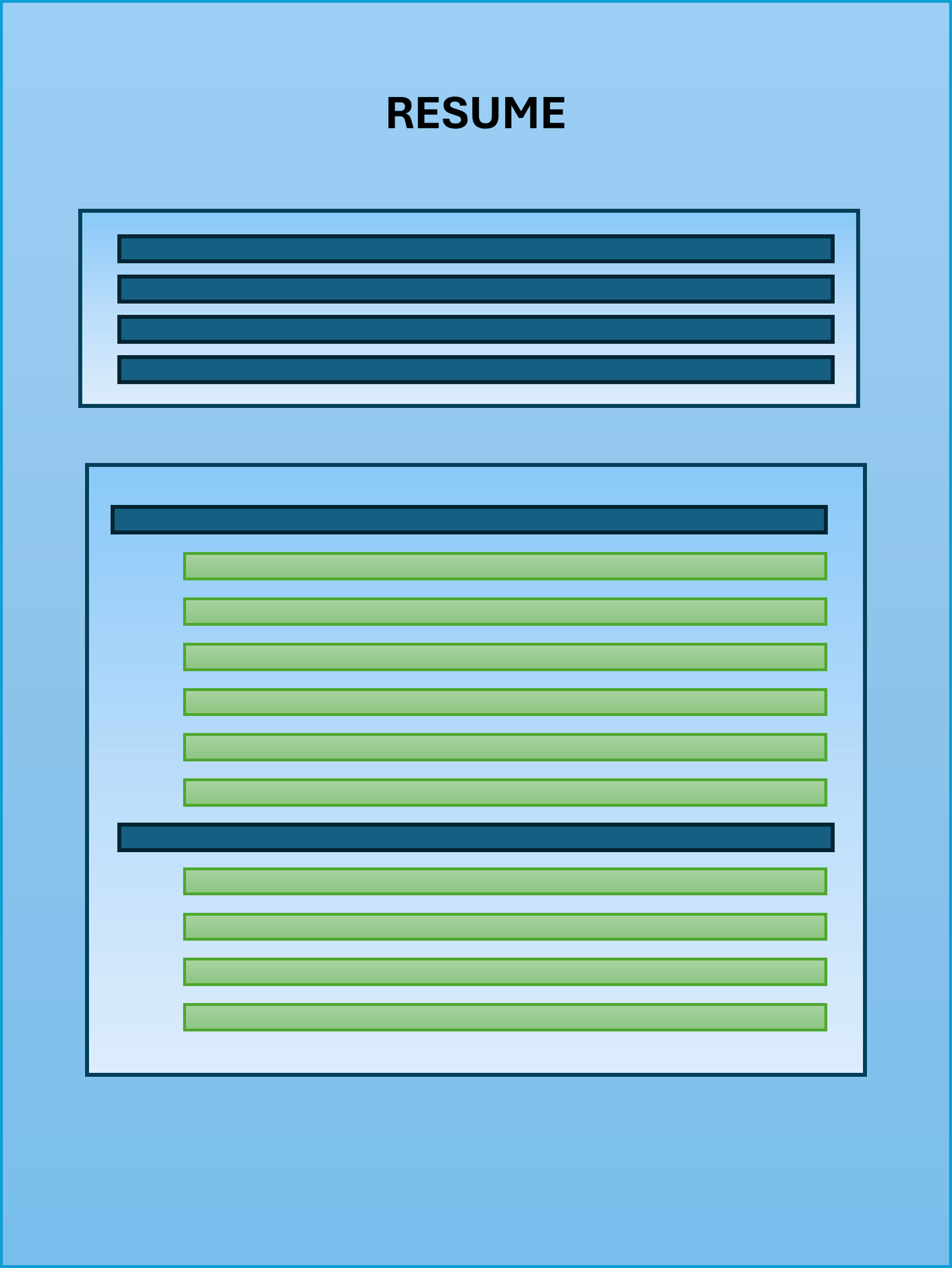 Design of a resume with blue and green text on a light blue background